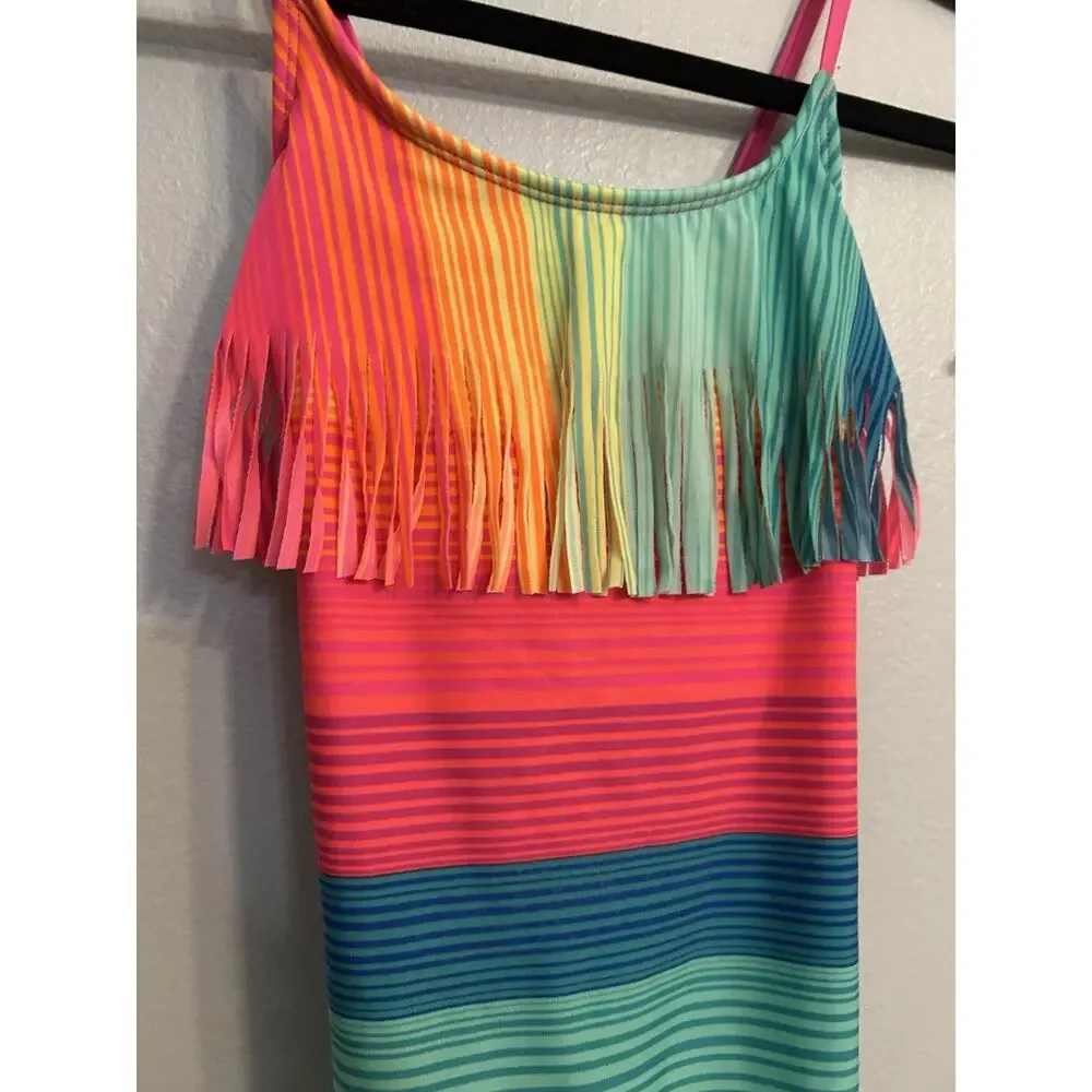 Girls Swimsuit Bright Multicolor Tassels Fringe Retro Fairy Size M Plus